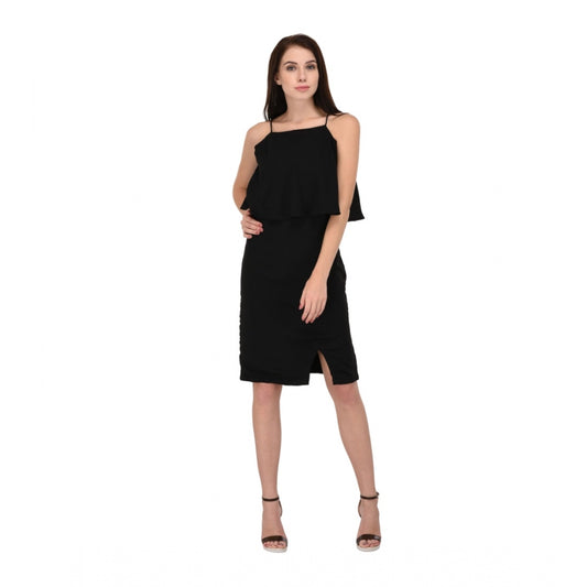 Cotton Blend Solid Sleeveless Dress (Black)