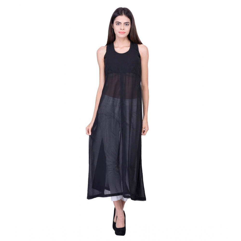 Cotton Blend Solid Sleeveless Dress (Black)