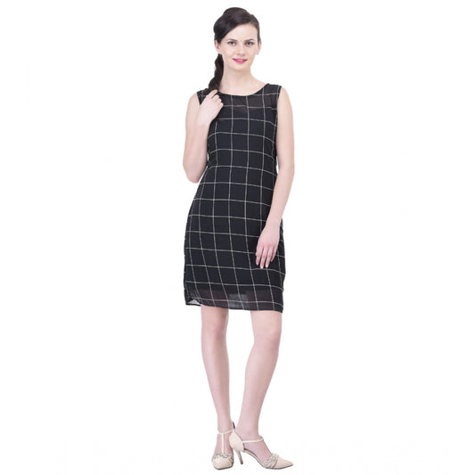 Cotton Blend Checked Sleeveless Sheath Dress (Black)