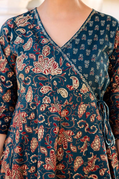 Angrakha Kurta Set with New Style in Saganeri Block Print