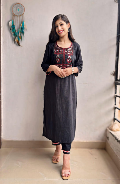 Premium Cotton Fabric Designer Front Embroidery Work Kurti Set