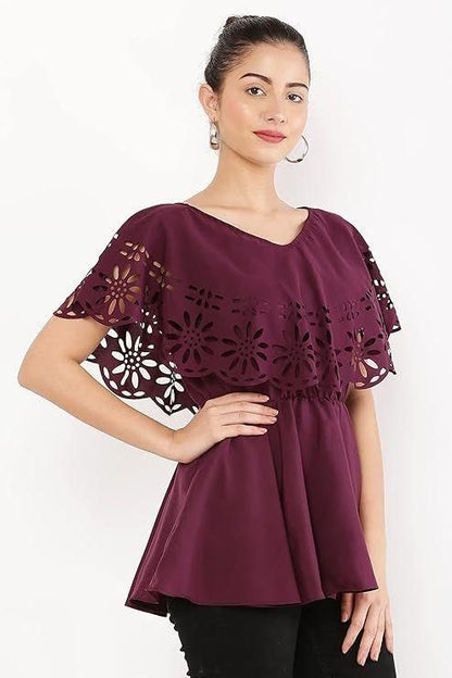 Crepe Solid V-Neck Maroon Top