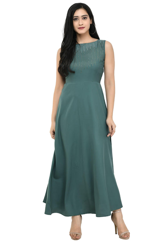 Crepe Embellished Partywear Green Maxi Dress