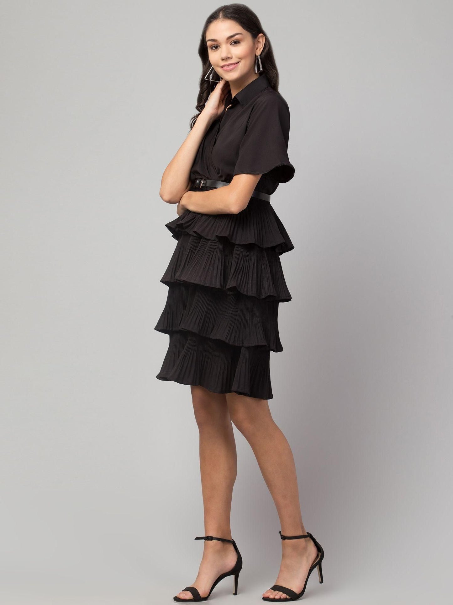 Crepe Solid Shirt Collar Flared Black Short Dress