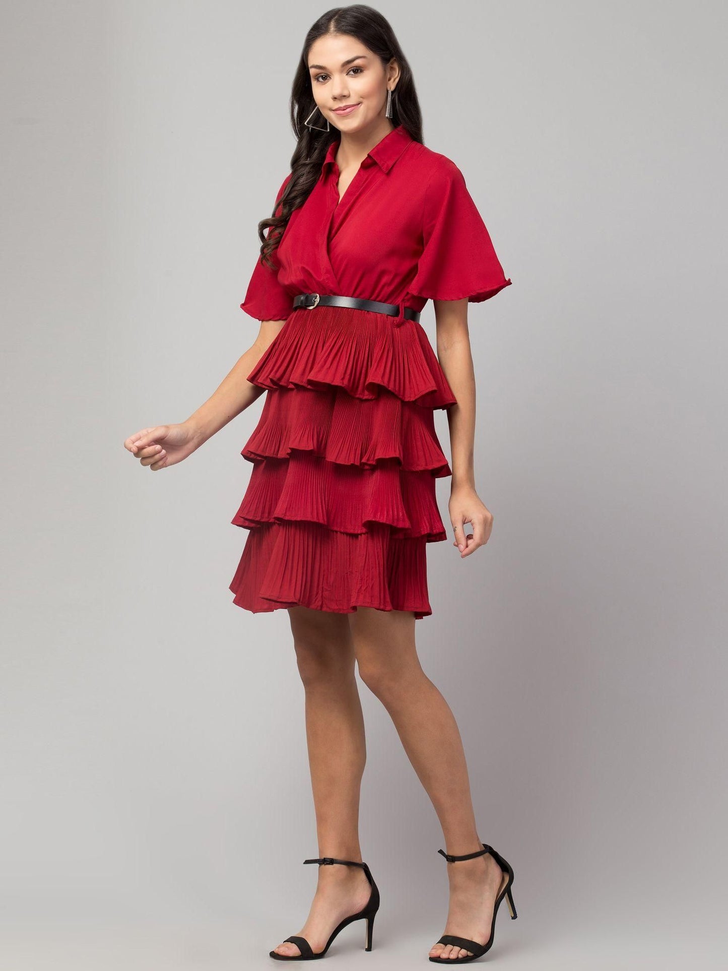 Crepe Solid Shirt Collar Flared Red Short Dress