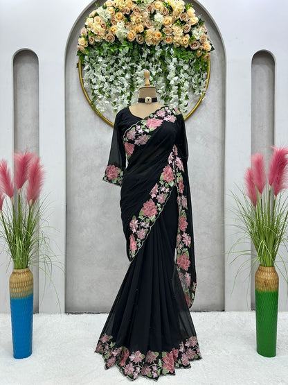 Faux Georgette Febric With Thred Work Deginer Saree