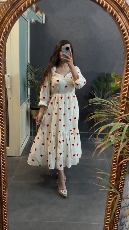 Beautiful Heart Printed Mini Dress  Cream Cotton Middi Gown