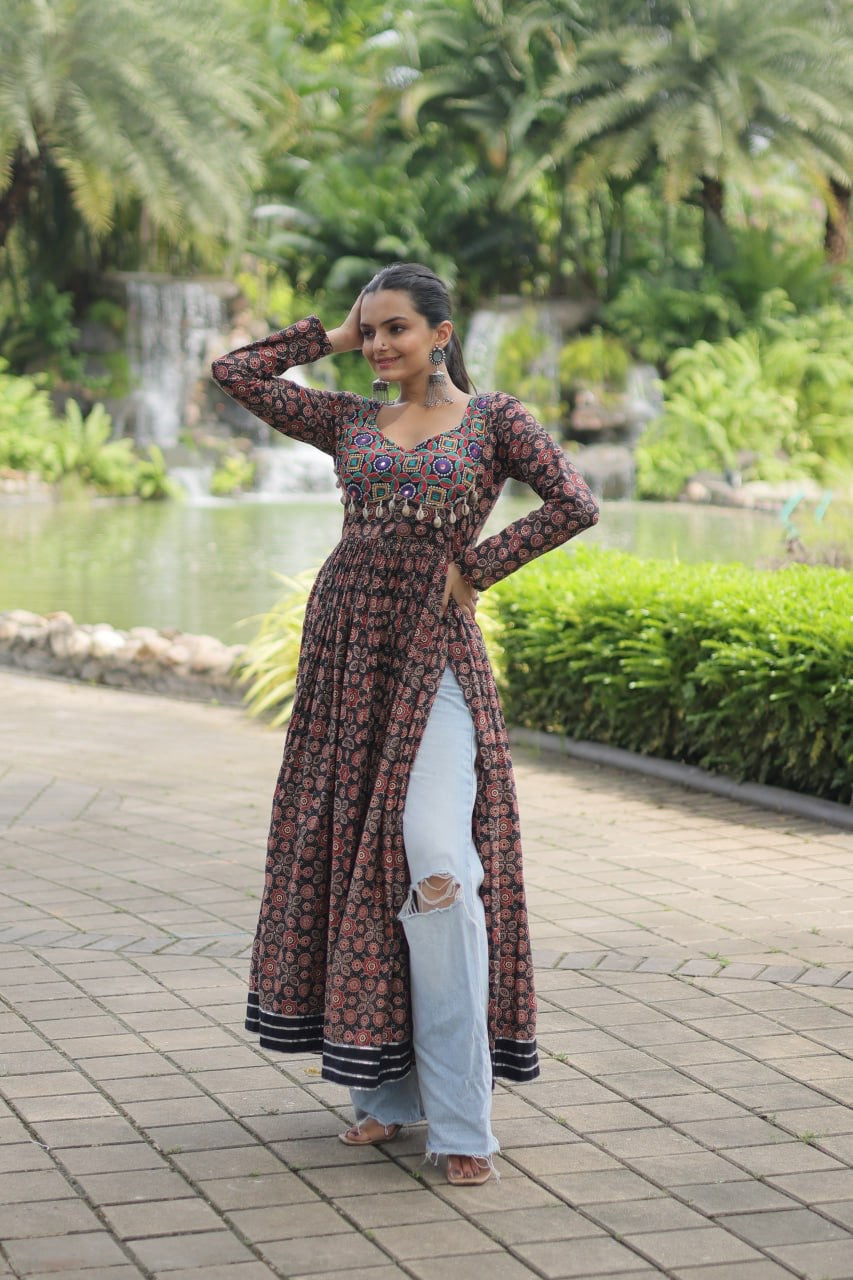 Designer Printed Kurti Made from Heavy Printed Cotton with Kutchi Gamthi Lace and Kodi Work