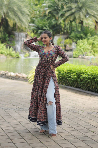 Designer Printed Kurti Made from Heavy Printed Cotton with Kutchi Gamthi Lace and Kodi Work