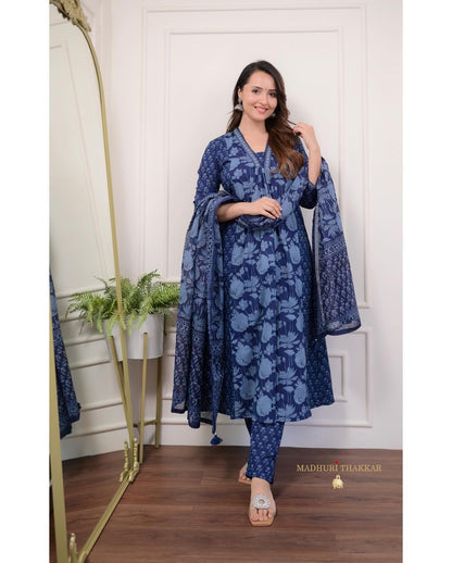 Floral Motif Printed Cotton Kurta & Pleated Salwar Set