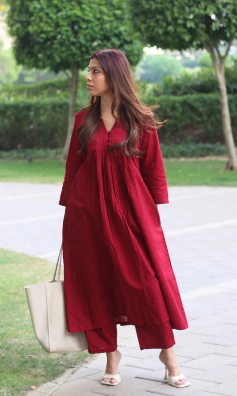 Cotton Pleated Buttoned Maroon Co-ord Set