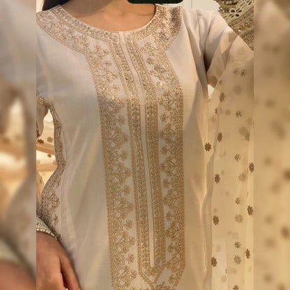 DESIRABLE FANCY ROMAN SILK SEQUENCE EMBROIDERED COTTON WORK TOP AND PENT WITH DUPATTA