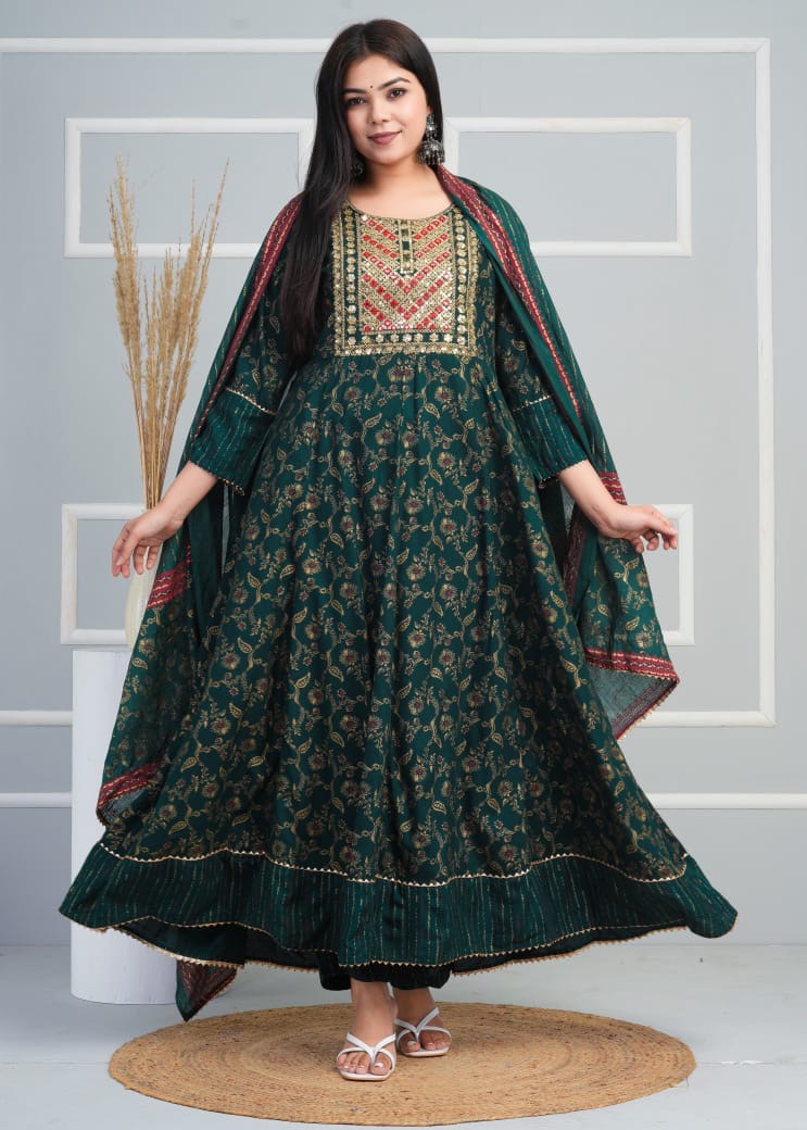 Beautiful Rayon Fabric Printed Anarkali Long Kurti With Pant & Printed Dupatta