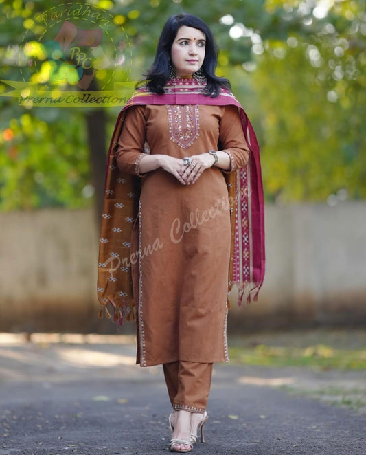 Handloom Cotton Kurta Pant and Khadi Silk Dupatta Set