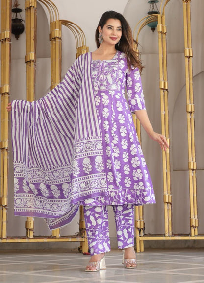 Beautiful Cotton Fabric Gown Kurti Full Flair Pant with Duppta Set