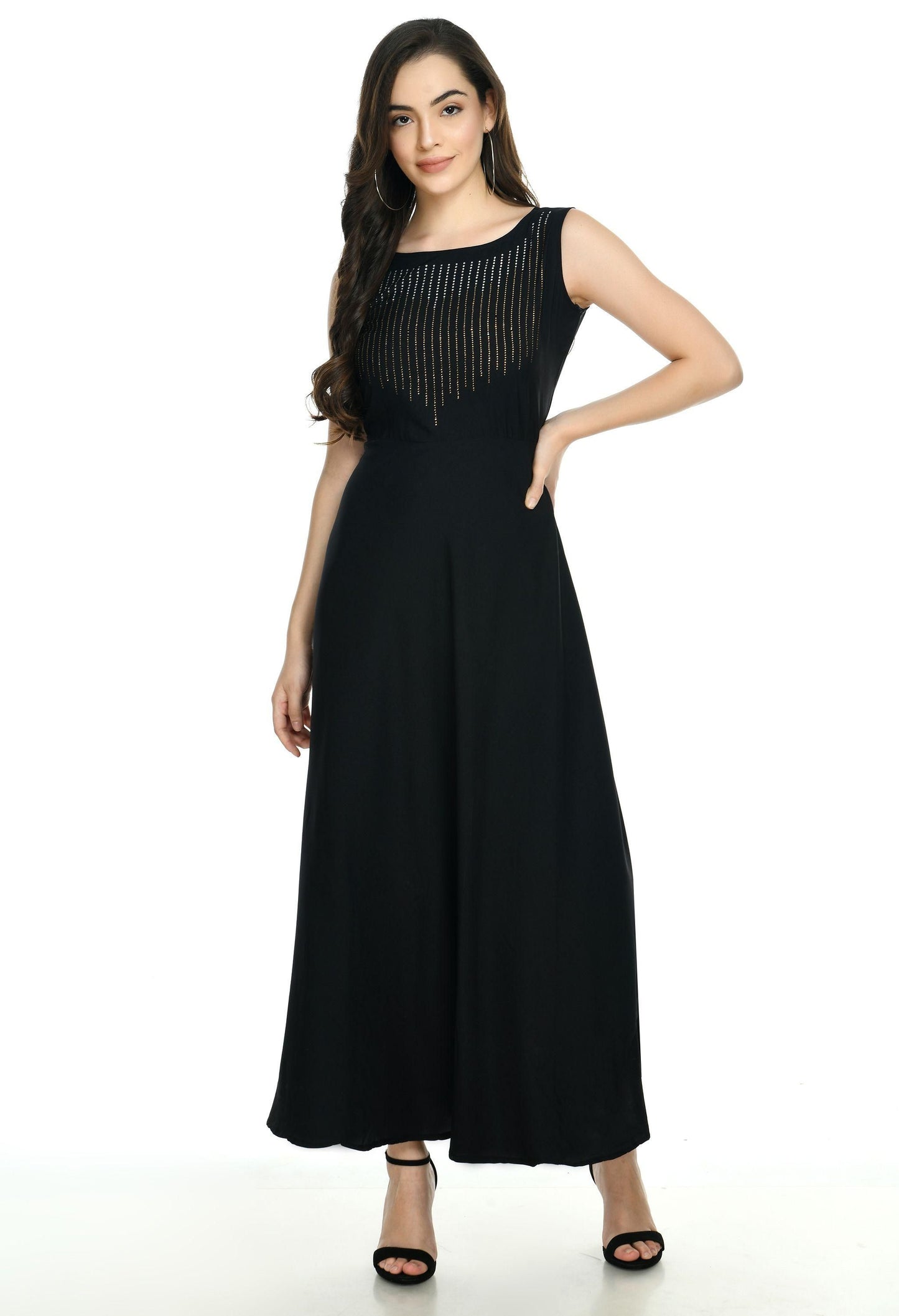 Crepe Embellished Partywear Black Maxi Dress