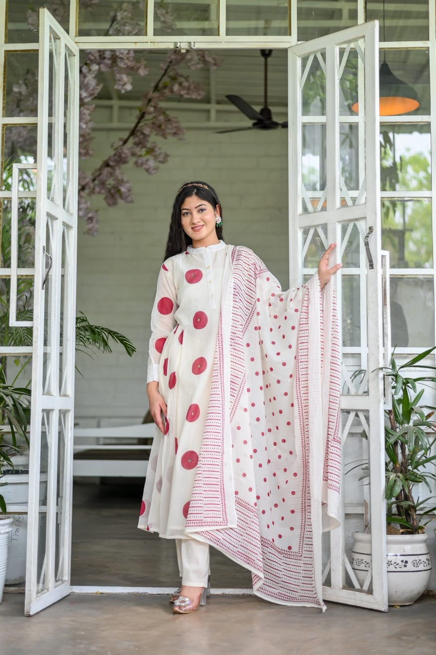 Trending Polka Dot Kali Style Pure Mulmul Cotton Dupatta set