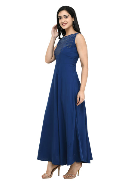 Crepe Embellished Partywear Navy Blue Maxi Dress