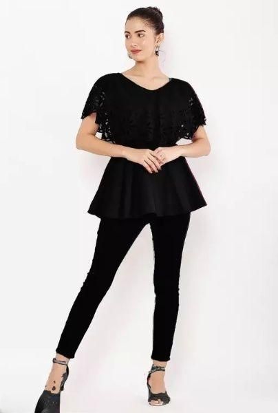 Crepe Solid V-Neck Black Top