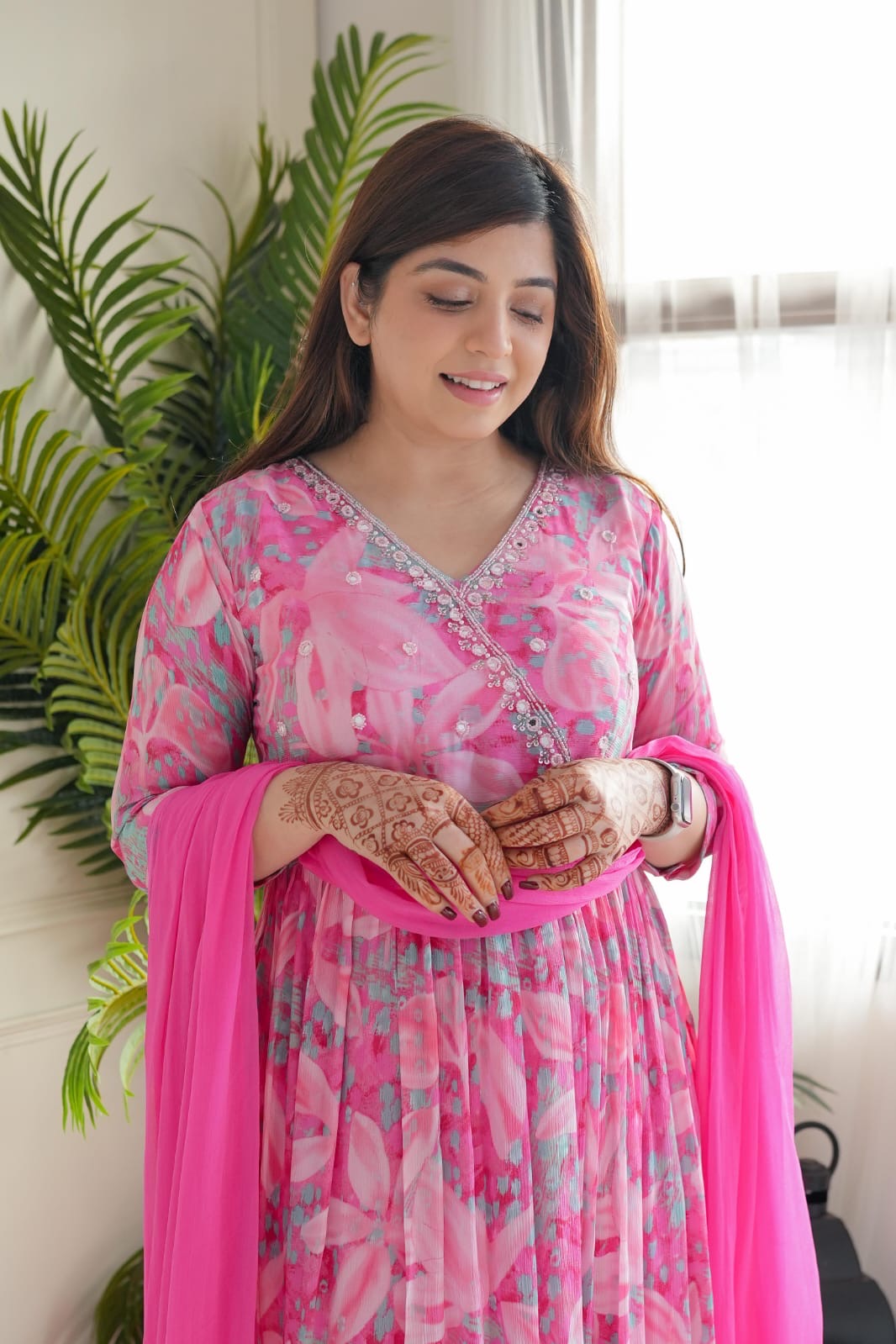 Pink Floral Angrakha Alia Cut Suit Set With Lining Is An Inner Layer Of Fabric