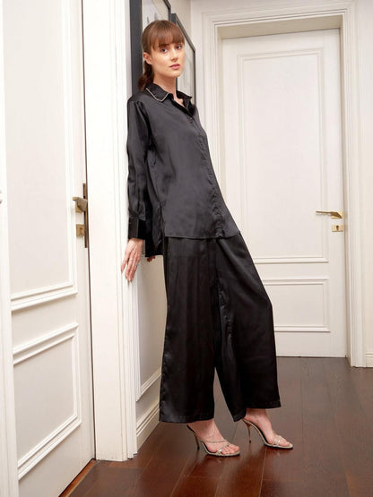 Black Satin Longline Shirt With Lounge Pants