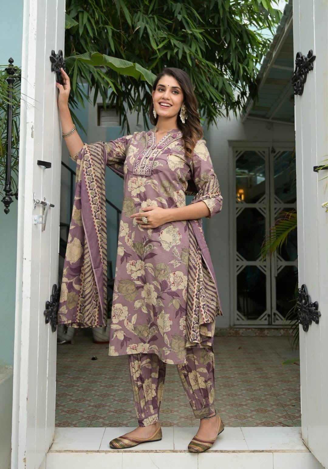 Floral Printed Mirror Embellished Straight Kurta Paired With Afghani Bottom And Printed Dupatta