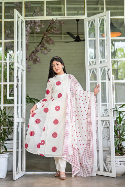 Trending Polka Dot Kali Style Pure Mulmul Cotton Dupatta set