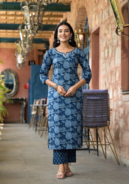 Premium Indigo Cotton Kurtis With Heavy Embroidery Work On Neck with Pant & Full Cotton Dupatta