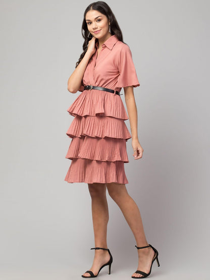 Crepe Solid Shirt Collar Flared Peach Short Dress