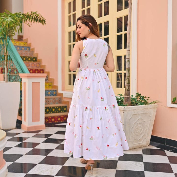 Azure Multi Flower Cotton Printed Cut-Sleeves Gown