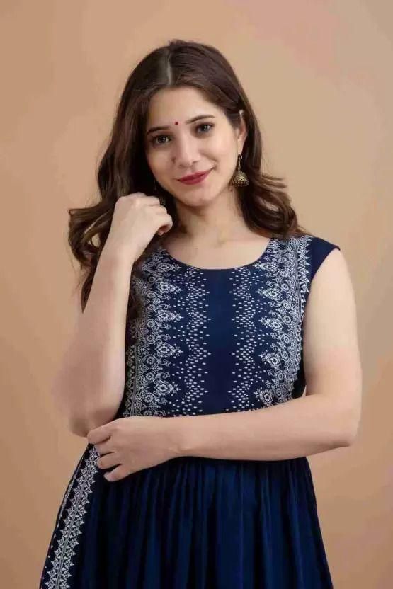 Rayon Printed Long Kurti Navy Blue