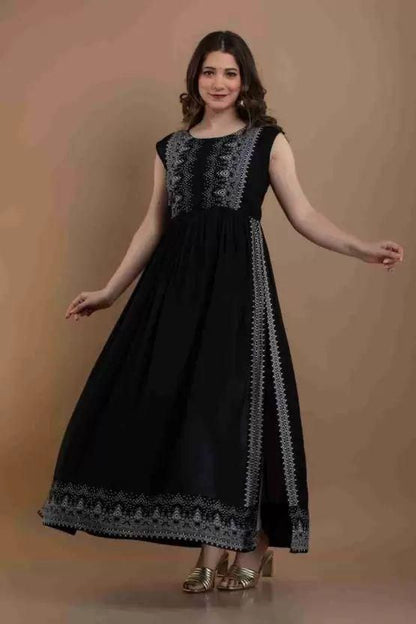 Rayon Printed Long Kurti Black