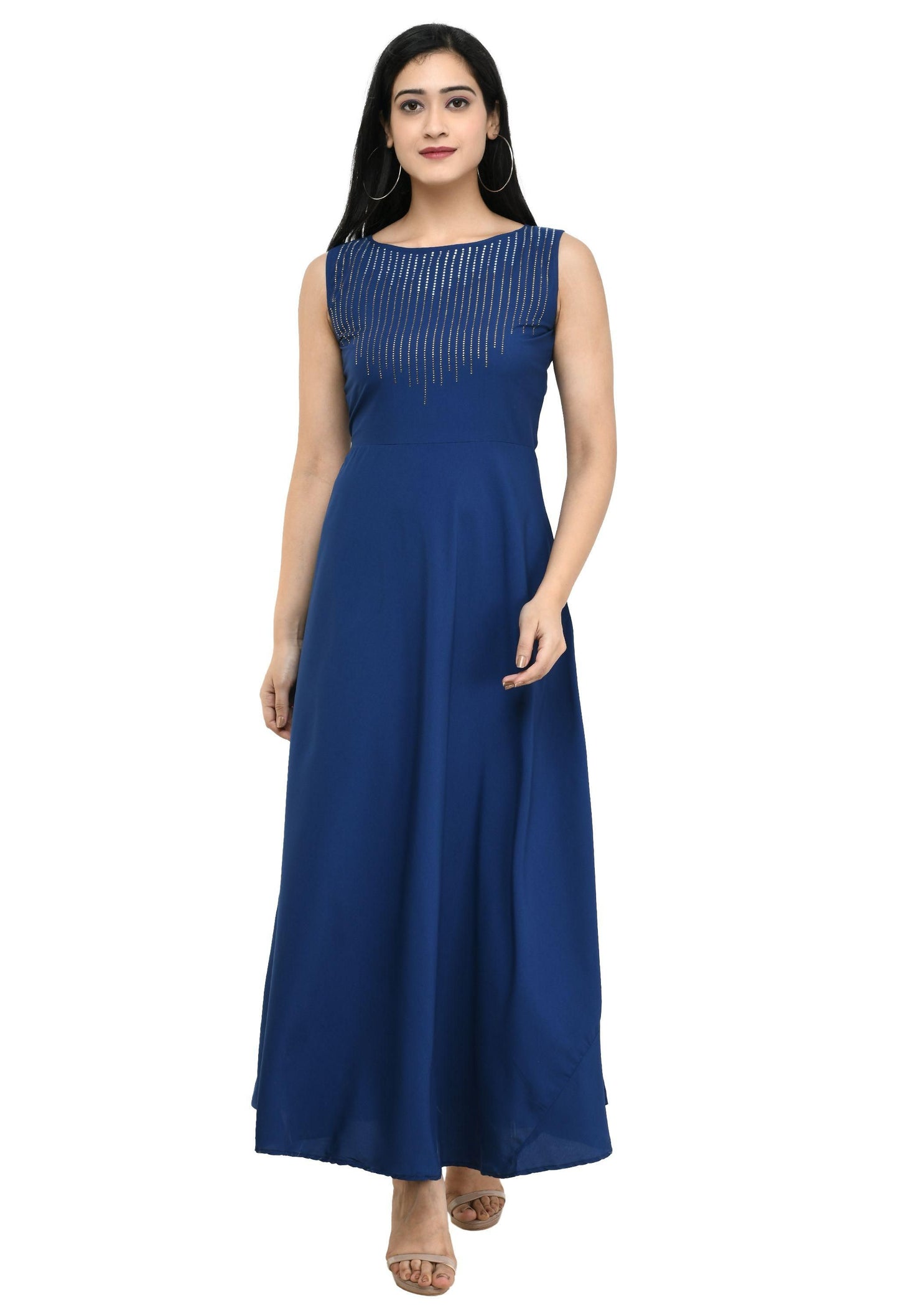 Crepe Embellished Partywear Navy Blue Maxi Dress