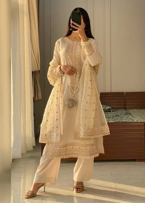 DESIRABLE FANCY ROMAN SILK SEQUENCE EMBROIDERED COTTON WORK TOP AND PENT WITH DUPATTA
