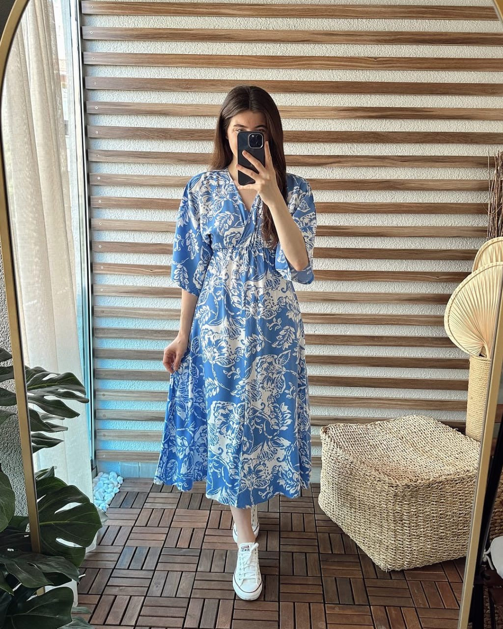 Beautiful Blue Printed Cotton Middi with V-neck Gown Dress