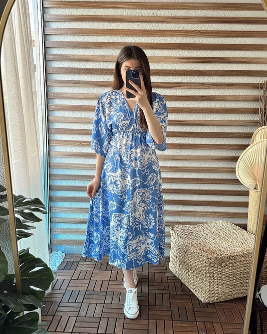 Beautiful Blue Printed Cotton Middi with V-neck Gown Dress