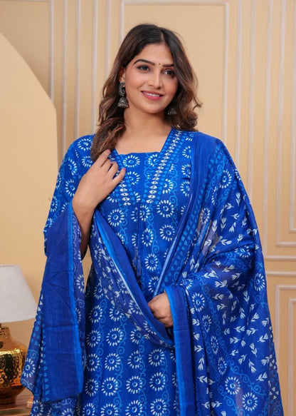 Beautiful Indigo Print Kurti with Matching Pant and Dupatta Set