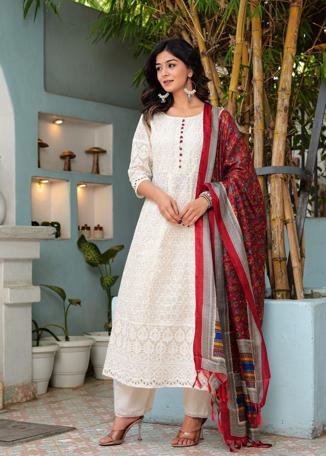 Pure Chikankari Anarkali Kurti With Pant & Silk Chanderi Digital Print Dupatta Set