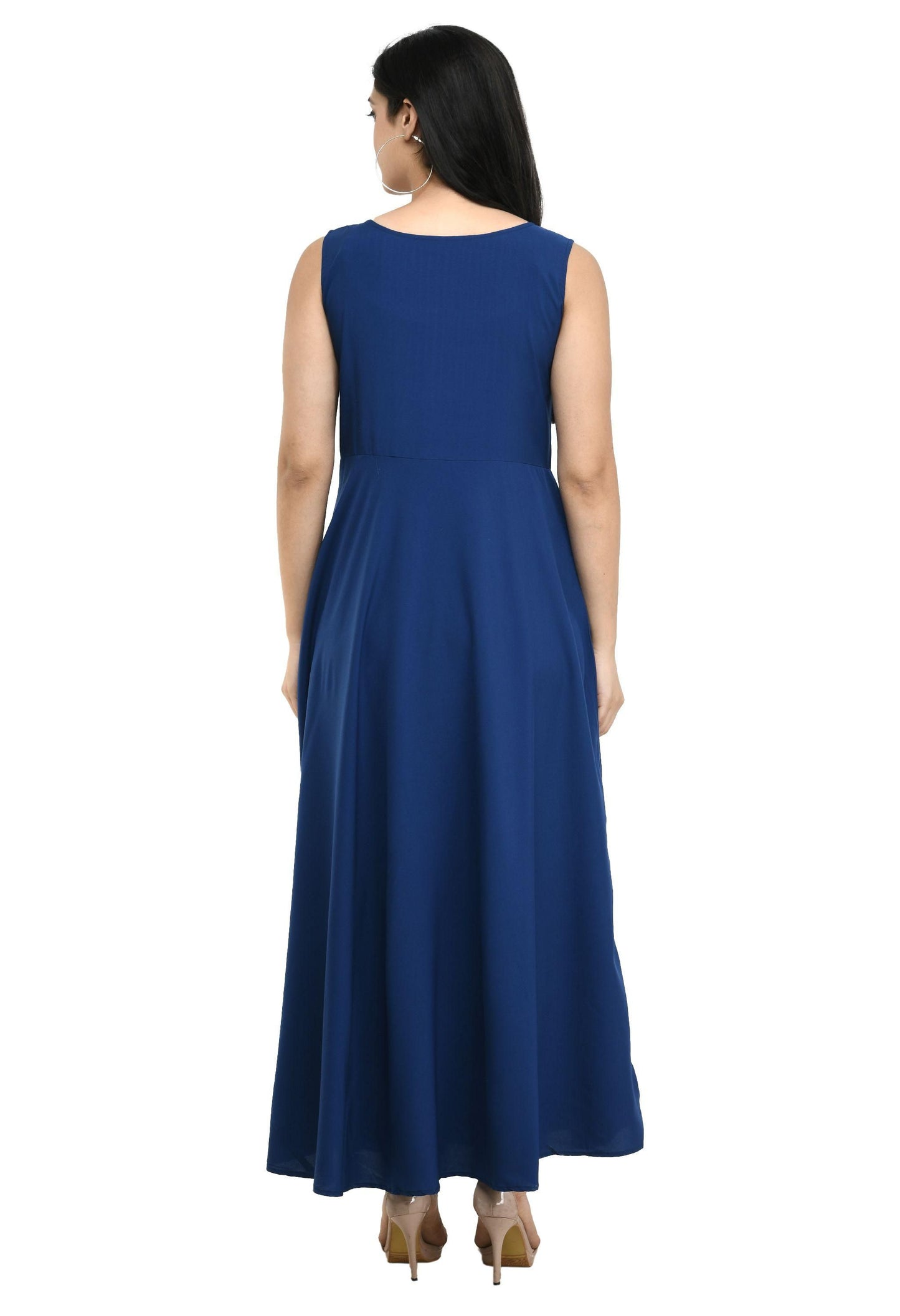 Crepe Embellished Partywear Navy Blue Maxi Dress