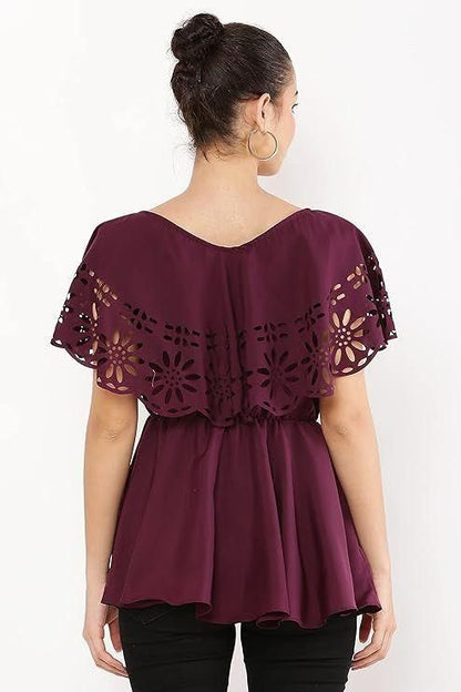 Crepe Solid V-Neck Maroon Top