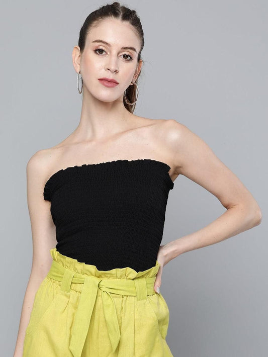 Solid Black Smocking Tube Knit Top