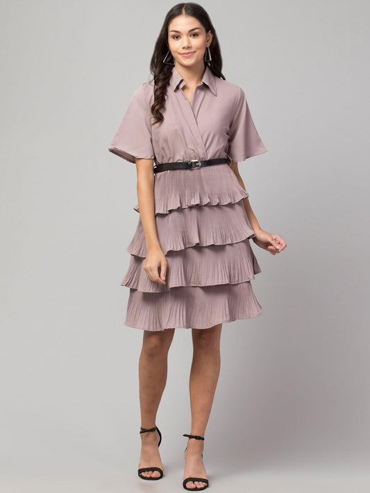 Crepe Solid Shirt Collar Flared Purple Short Dress