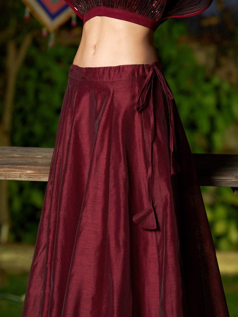 Maroon Mesh Mettalic Detail Top with Long Skirt