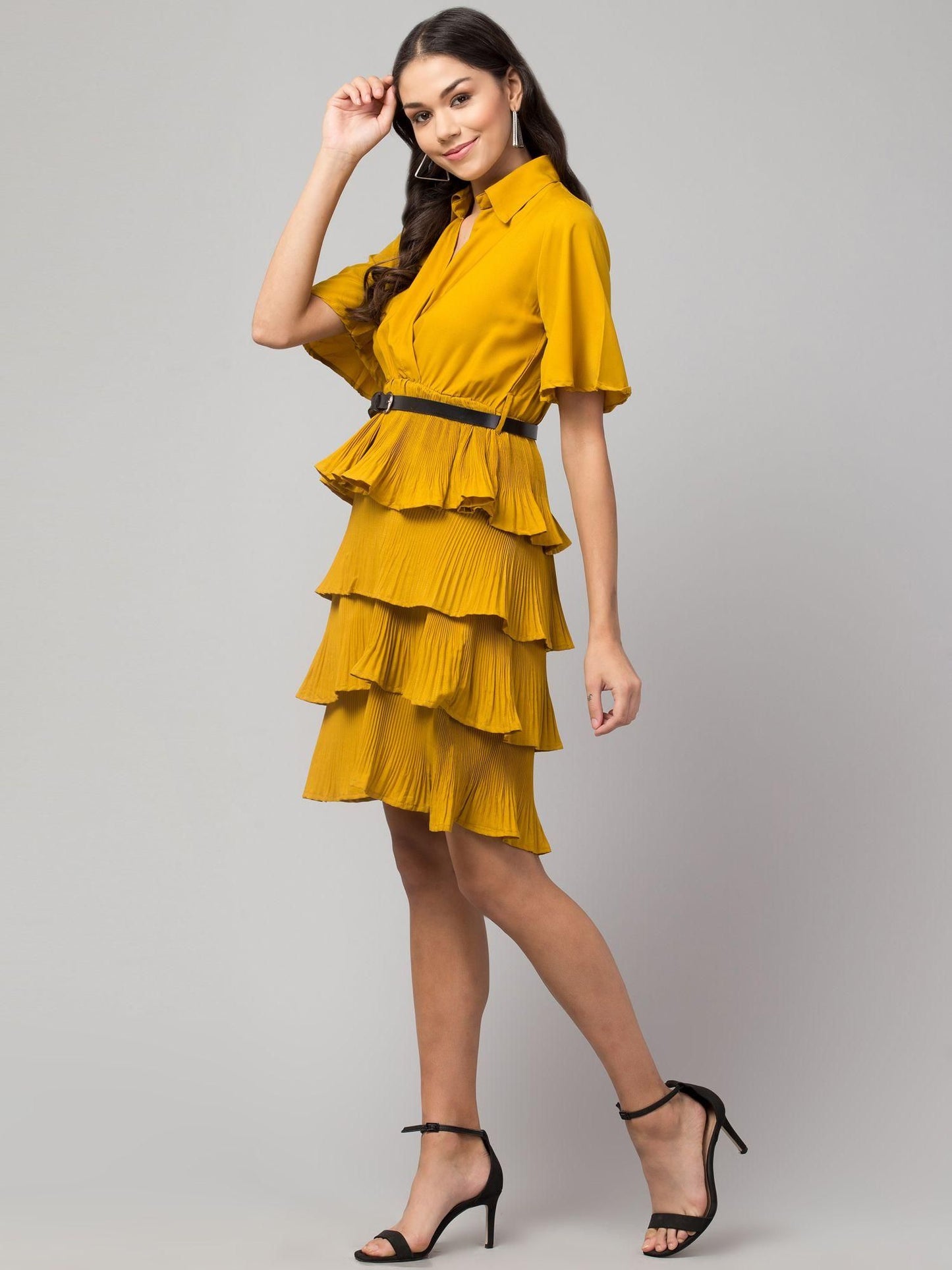 Crepe Solid Shirt Collar Flared Mustard Short Dress