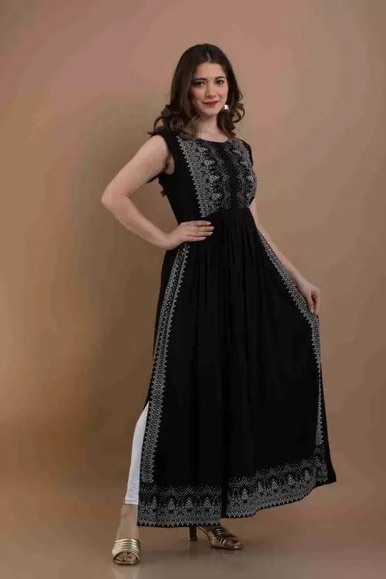 Rayon Printed Long Kurti Black