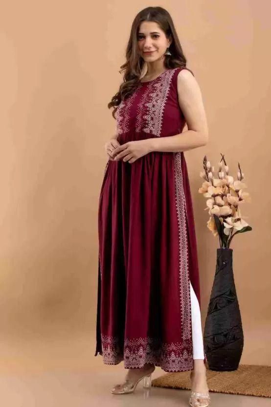 Rayon Printed Long Kurti Maroon