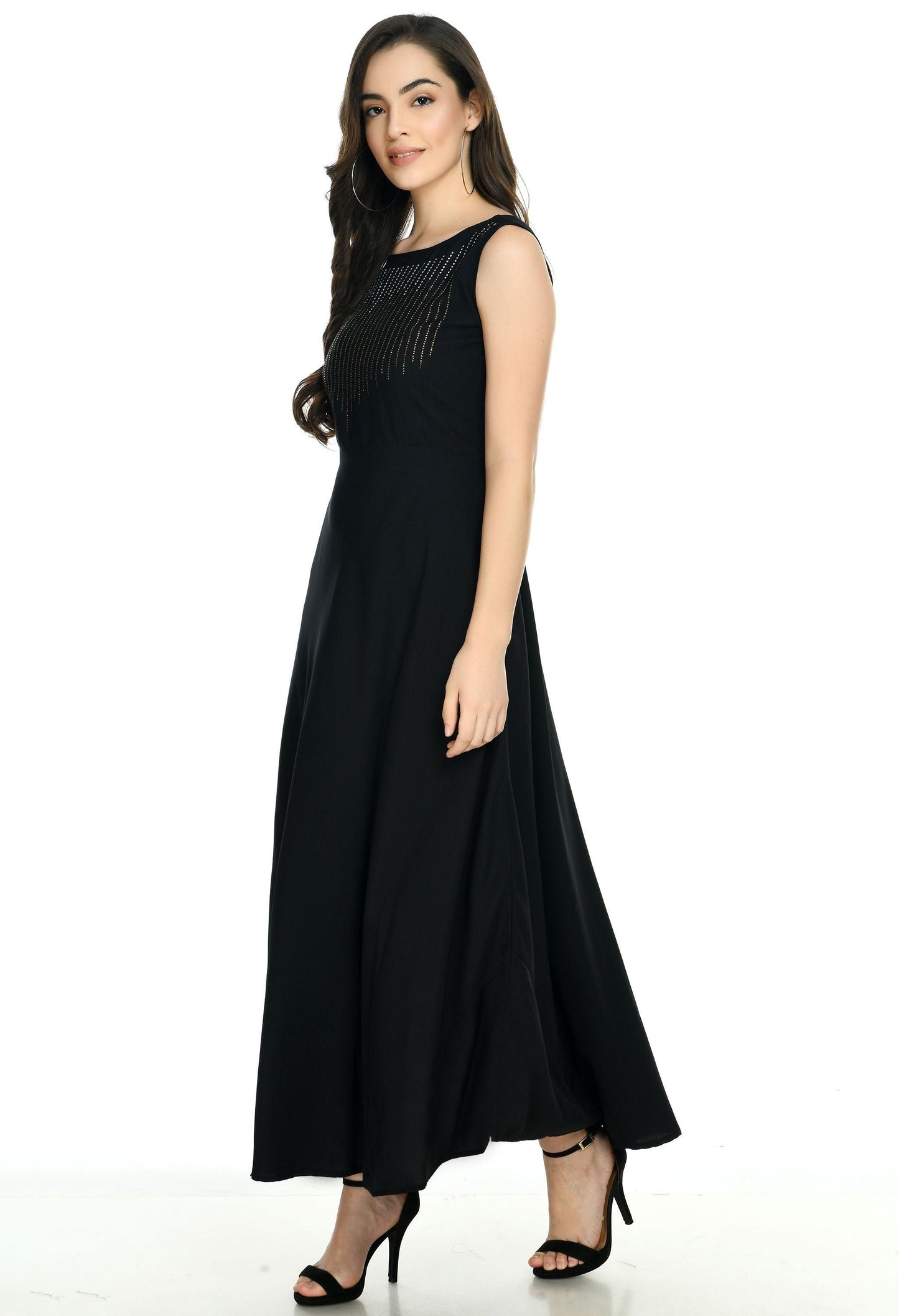 Crepe Embellished Partywear Black Maxi Dress