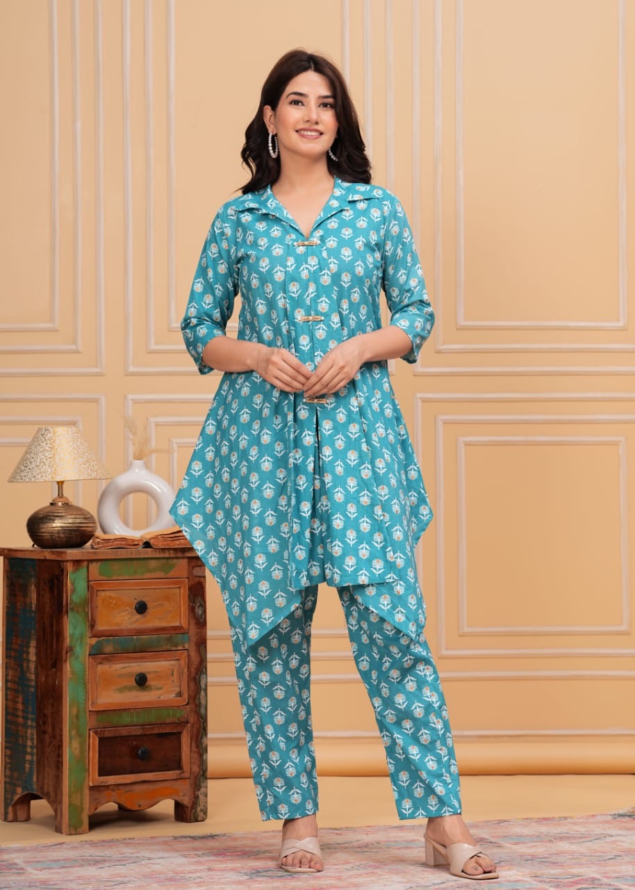 Cotton Party Wear Collar Tie Pattern Co-ord Set