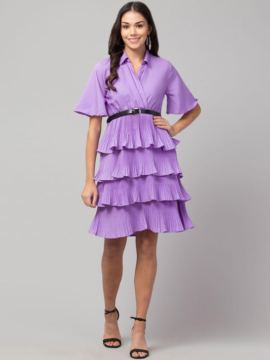 Crepe Solid Shirt Collar Flared Lavendar Short Dress