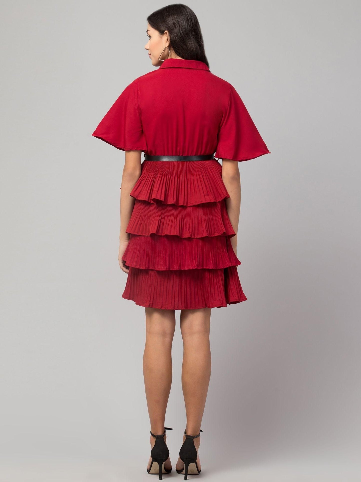 Crepe Solid Shirt Collar Flared Red Short Dress